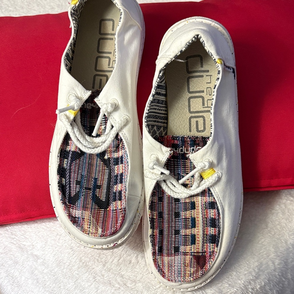 Hey Dude Women’s White and Colorful Canvas Loafers